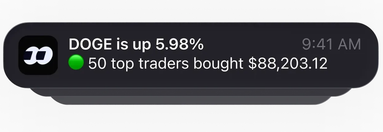 fomo push notification: DOGE is up, 50 top traders bought