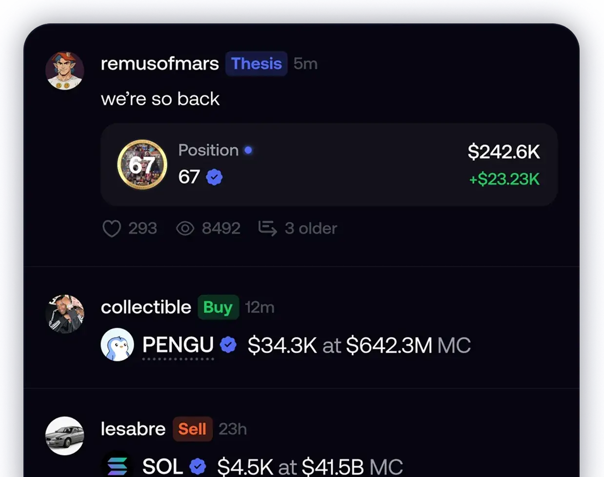 fomo feed showing trades and theses from followed traders